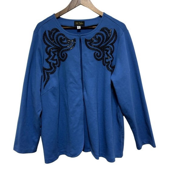 Bob Mackie Top Womens 2X Blue Sequin Open Front Stretch Knit Elegant Art to Wear - Picture 1 of 8